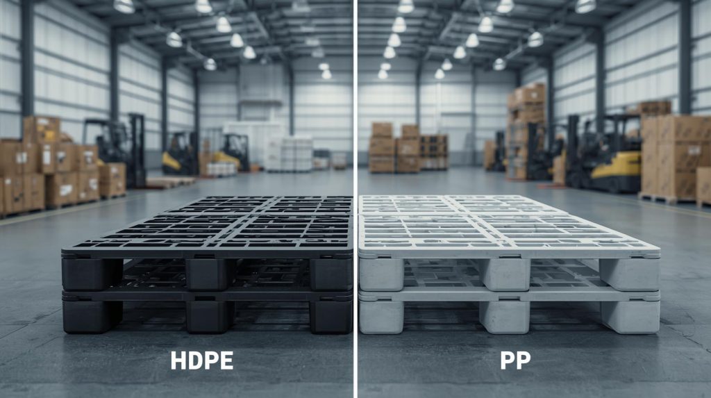 Industrial warehouse scene showing a side-by-side comparison of plastic pallets made from HDPE and PP material. The HDPE pallet looks thicker, heavier, and more solid, while the PP pallet appears lighter and slightly slimmer. Clean modern warehouse background, forklifts, stacked boxes, professional B2B logistics style, realistic lighting, high detail, photorealistic, wide angle.
